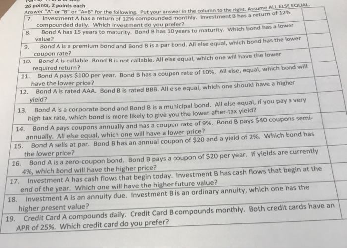  26 points, 2 points each Answer "A" or "B" or "A-B"
