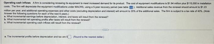  Operating eash inflows A frm is considering renewing its equipment to