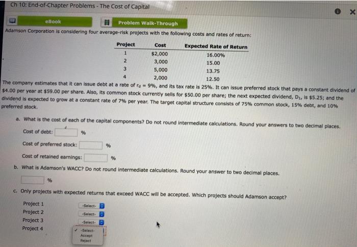please help Ch 10: End-of-Chapter Problems - The Cost of Capital X