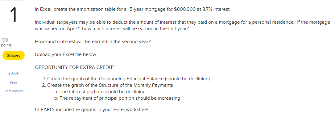  In Excel, create the amortization table for a 15-year mortgage for