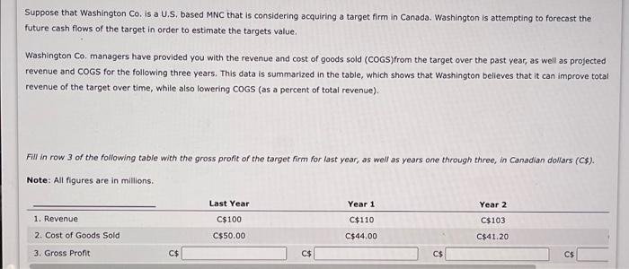 considering acquiring a target firm in Canada, which Washington would sell after