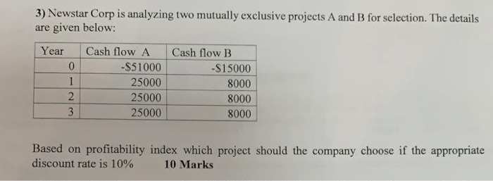  3) Newstar Corp is analyzing two mutually exclusive projects A and