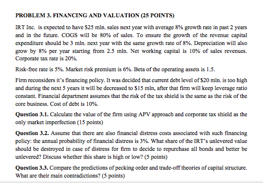  PROBLEM 3. FINANCING AND VALUATION (25 POINTS) IRT Inc. is expected