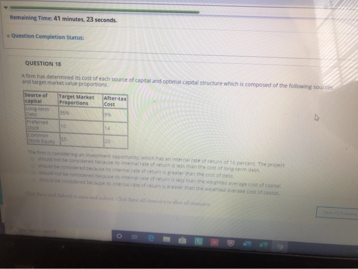  Remaining Time: 41 minutes, 23 seconds. Question Completion Status: QUESTION 18