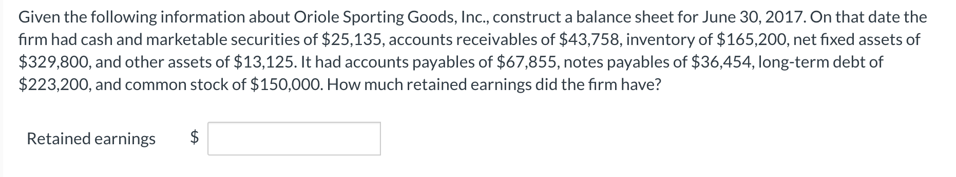 Given the following information about Oriole Sporting Goods, Inc., construct a