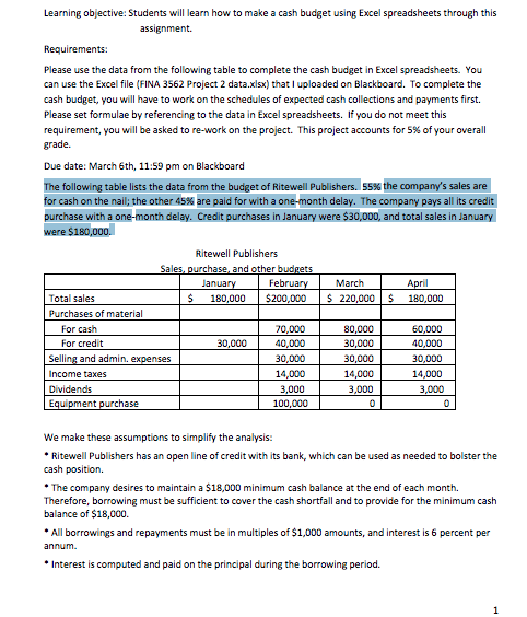 Learning objective: Students will learn how to make a cash budget
