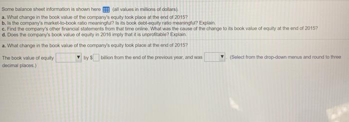  Some balance sheet information is shown here all values in millions