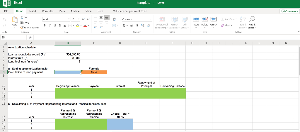  x Excel template - Saved File Home Insert Formulas Data Review