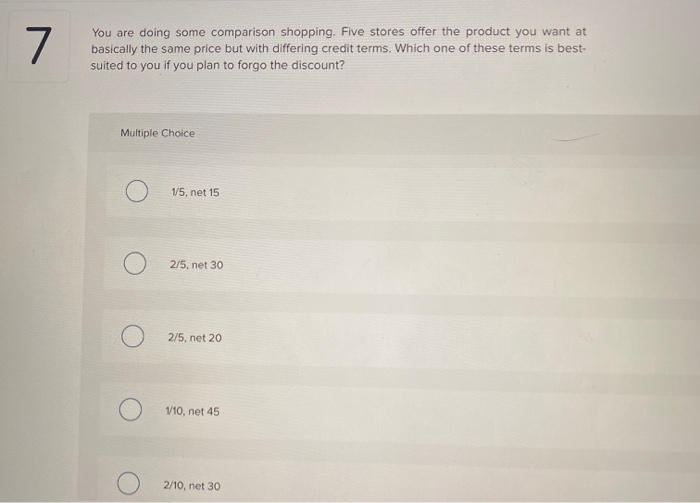  You are doing some comparison shopping. Five stores offer the product