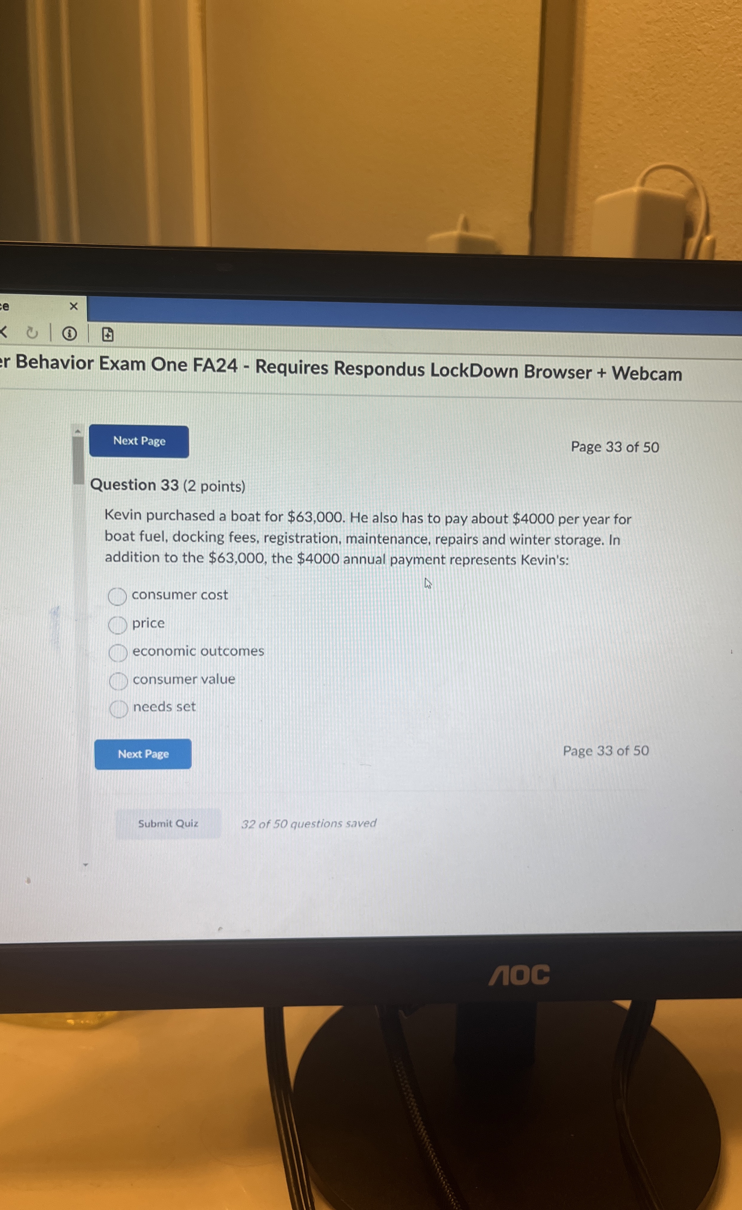  Question 33(2 points) Kevin purchased a boat for $63,000. He also