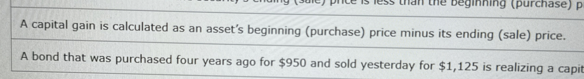  A capital gain is calculated as an asset's beginning (purchase) price
