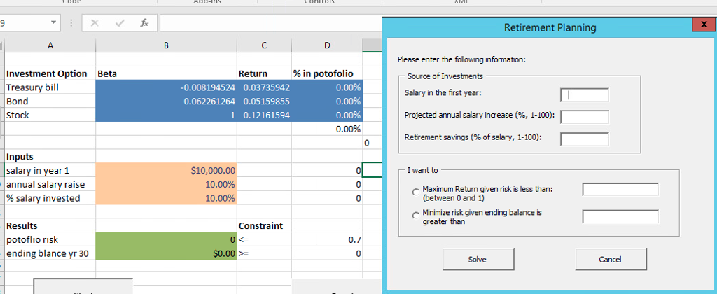 Show constraints and solve using solver (please show solver set up) Retirement