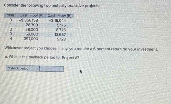  Consider the following two mutually exclusive projects: Whichever project you choose,