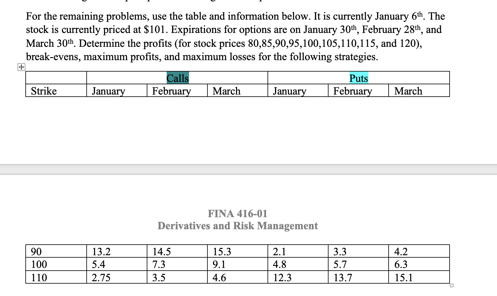  For the remaining problems, use the table and information below. It