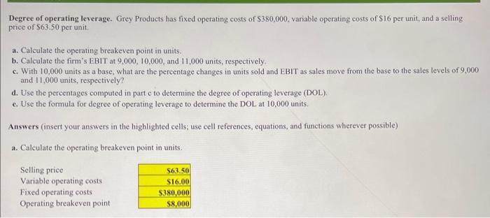  please include excel formulas Degree of operating leverage. Grey Products has