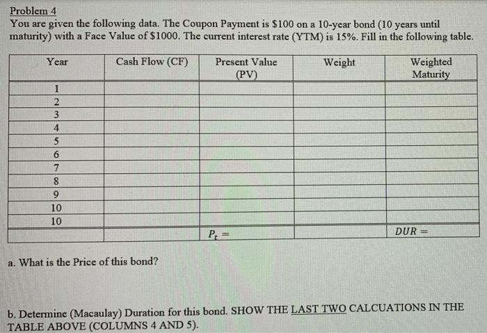  Problem 4 You are given the following data. The Coupon Payment