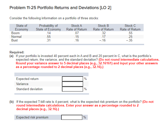  Problem 11-25 Portfolio Returns and Deviations [LO 2] Consider the following