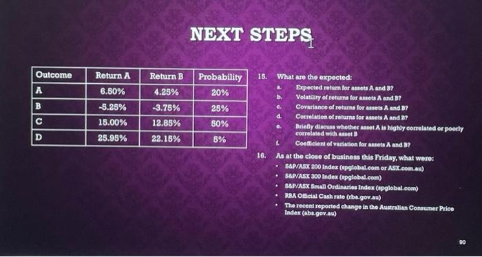 need help with these questions NEXT STEPS Outcome Return A Return B