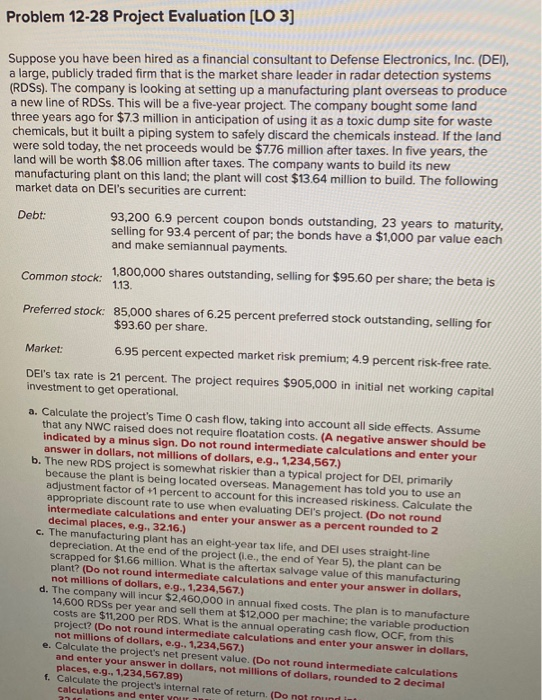  Problem 12-28 Project Evaluation [LO 3] Suppose you have been hired