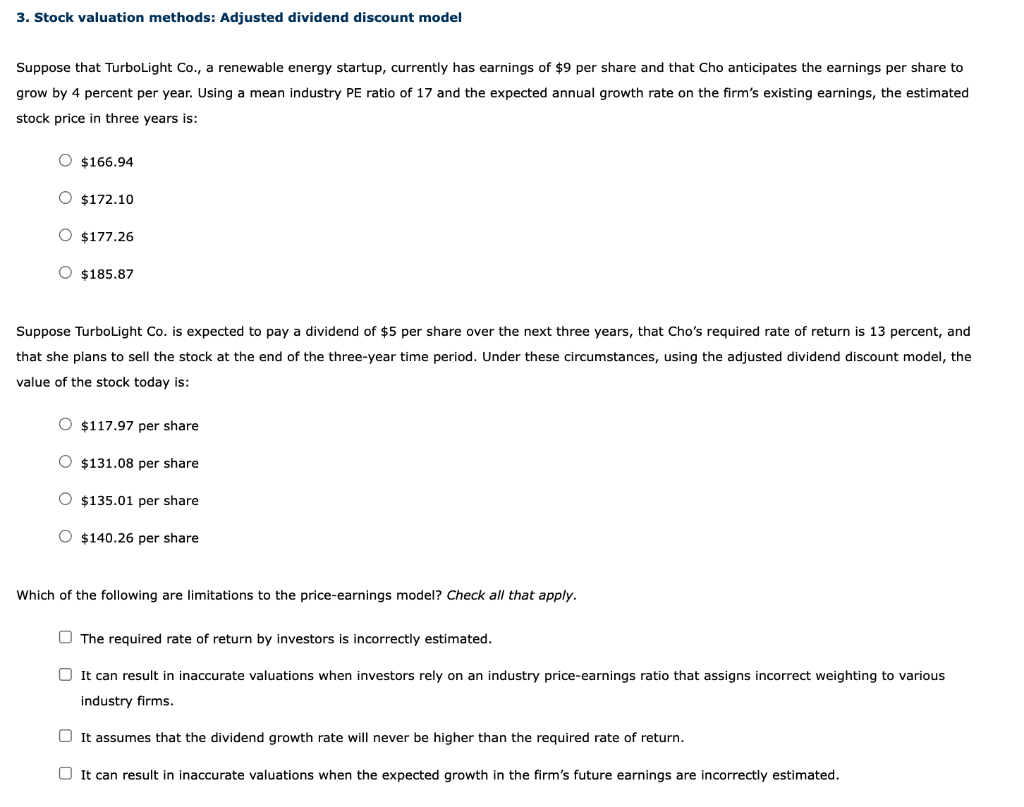 3. Stock valuation methods: Adjusted dividend discount model Suppose that TurboLight