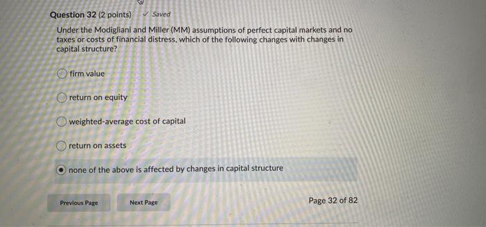  Saved Question 32 (2 points) Under the Modigliani and Miller (MM)