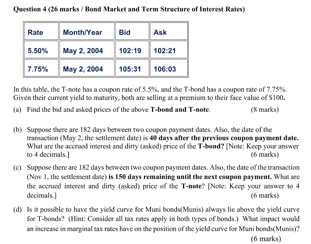  Question 4 (26 marks / Bond Market and Term Structure of