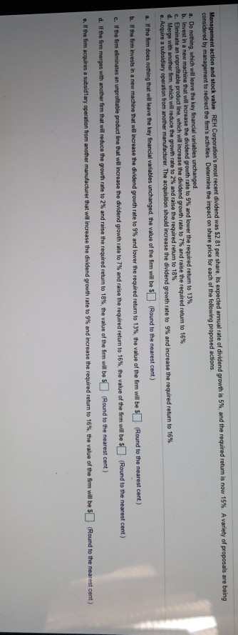  working from a through e please Management action and stock value