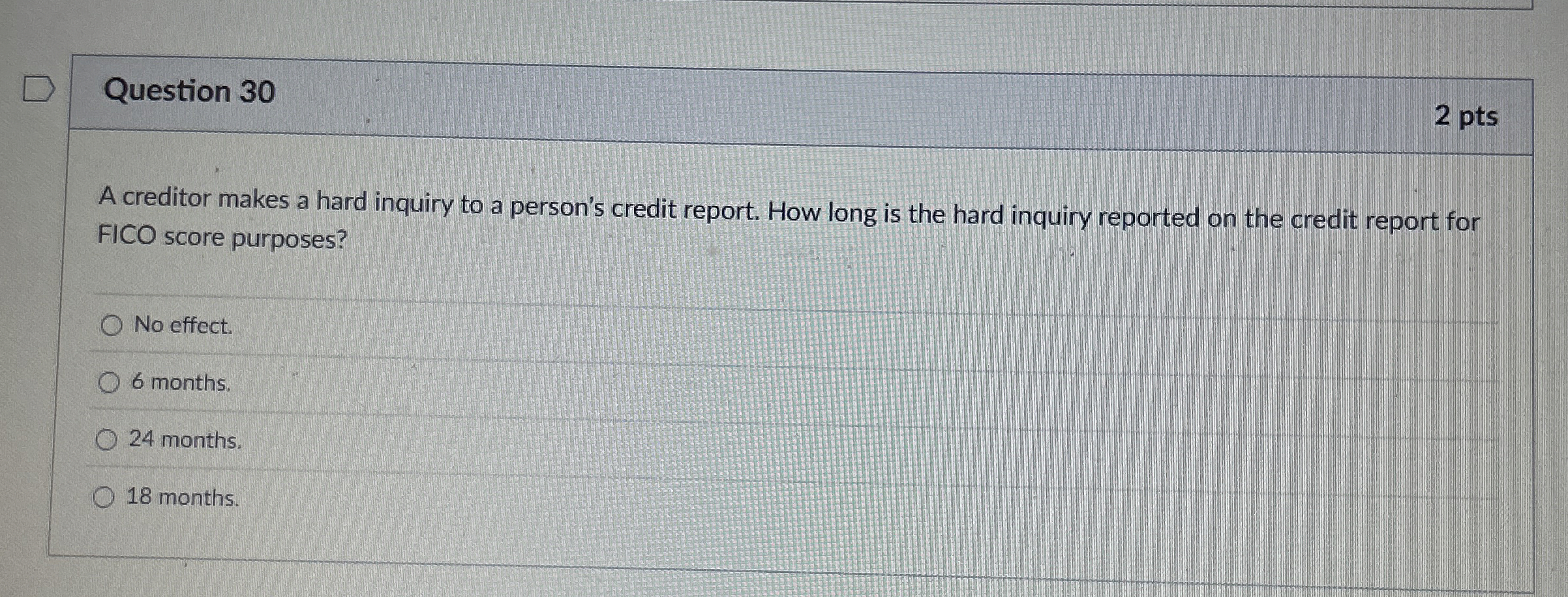  Question 30 A creditor makes a hard inquiry to a person's