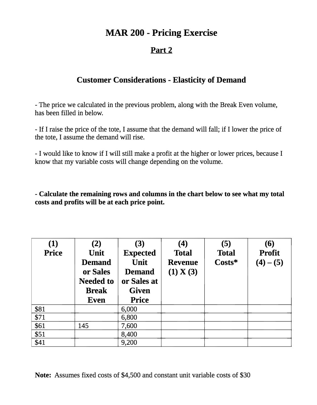 MAR 200 - Pricing Exercise Part2 Customer Considerations - Elasticity of