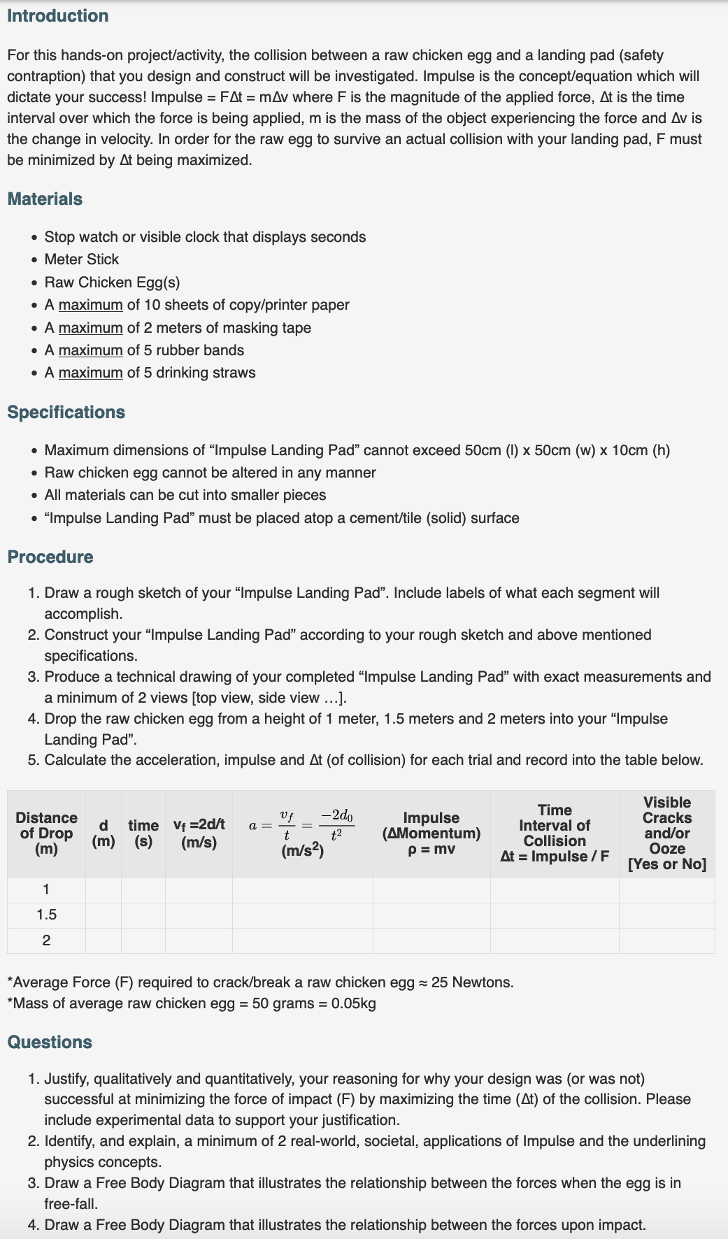 Experimental data: incomplete"C omplete t.his hands on physics activity" Introduction For this
