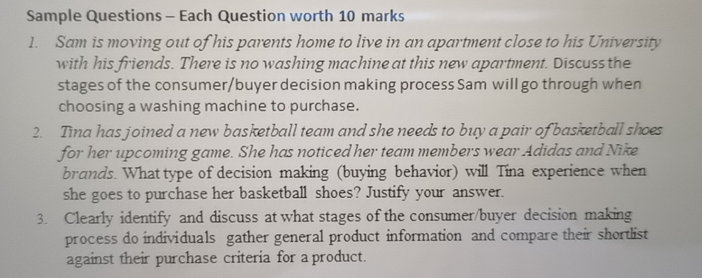  Sample Questions - Each Question worth 10 marks 1. Sam is