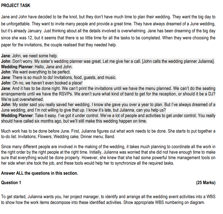 PRDJECT TASK Jane and John have decided to tie the knot.