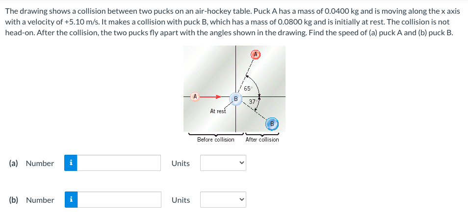 The drawing shows a collision between two pucks on an air-hockey