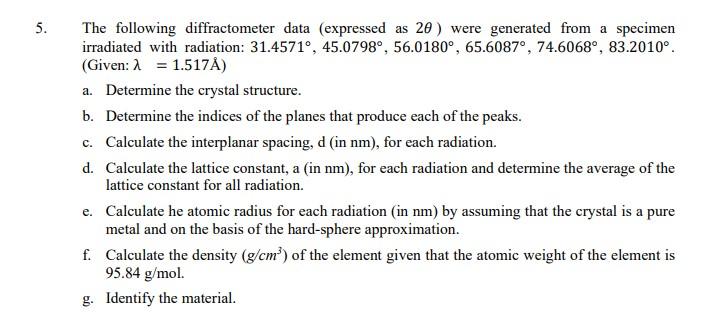  5. The following diffractometer data (expressed as 20 ) were generated