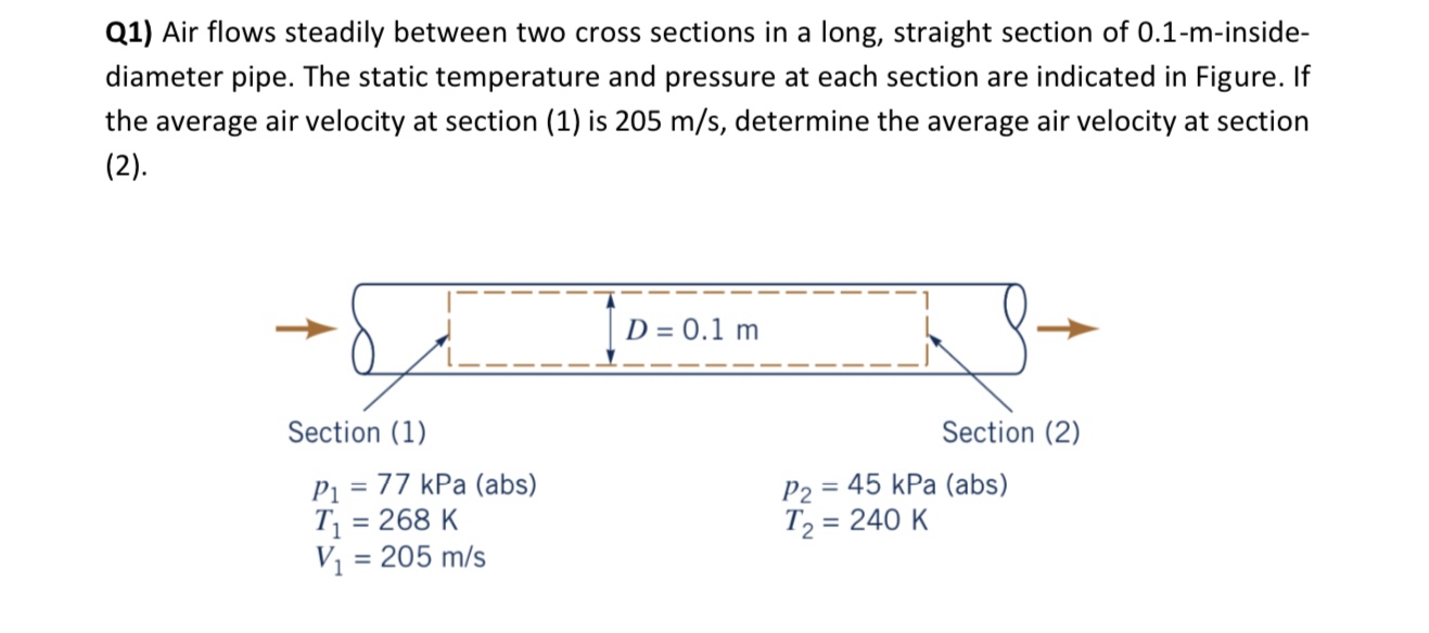  Q1) Air flows steadily between two cross sections in a long,
