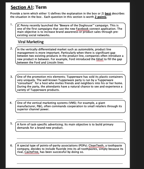  Section Al: Term Provide a term which either 1) defines the