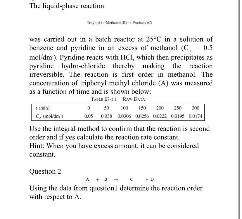  The liquid-phase reaction Trityl (A)+ Methanol (B) Products (C) was carried