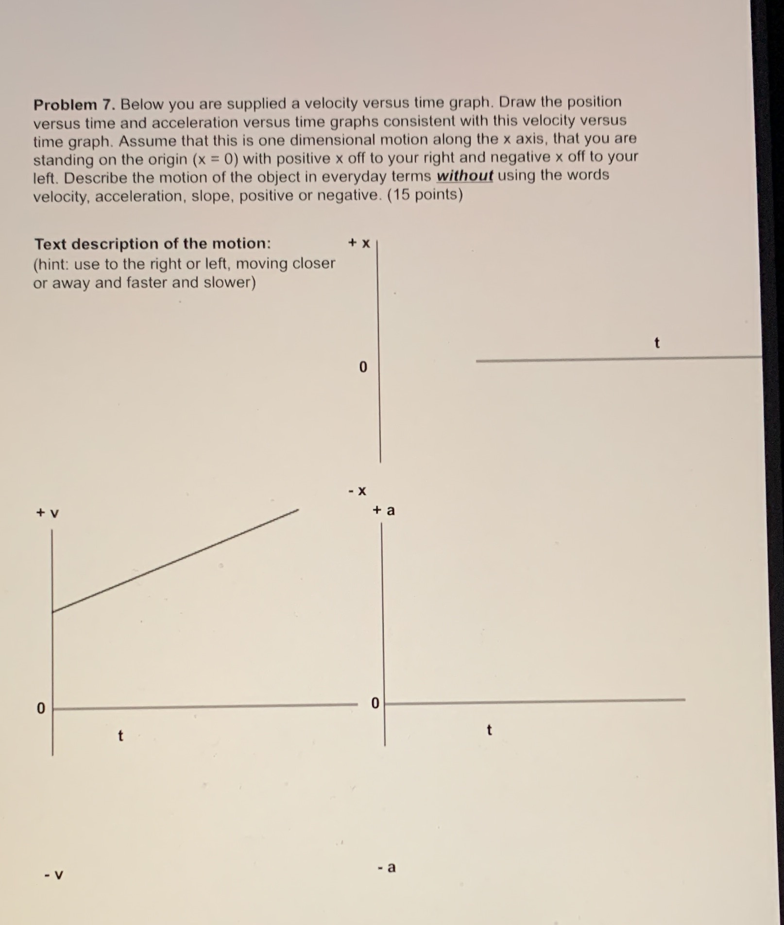 Problem 7. Below you are supplied a velocity versus time graph.