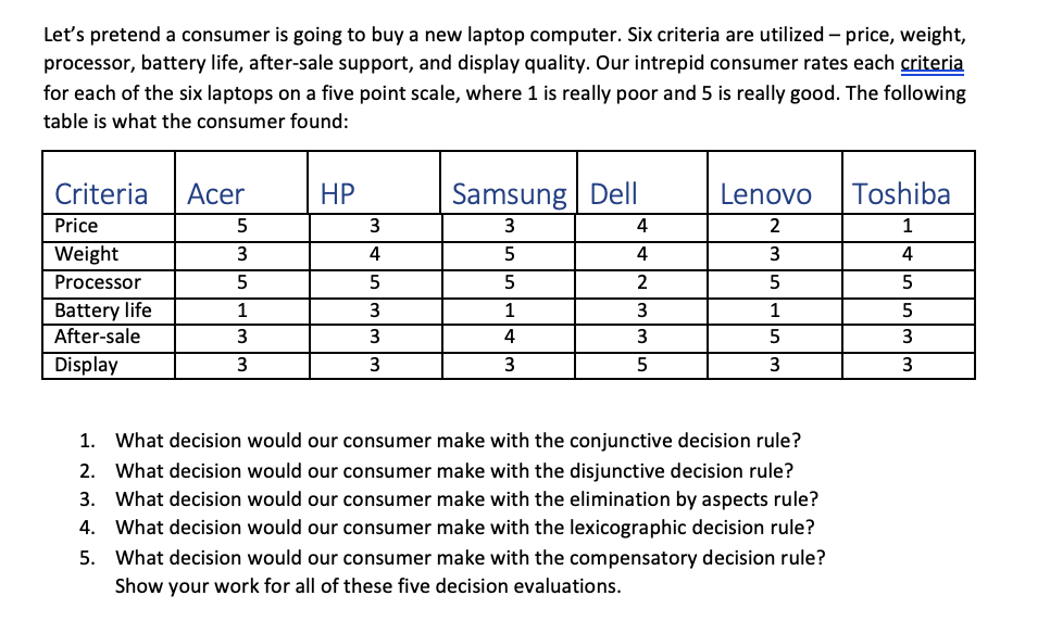 1.What decision would our consumer make with the conjunctive decision rule?2.What decision