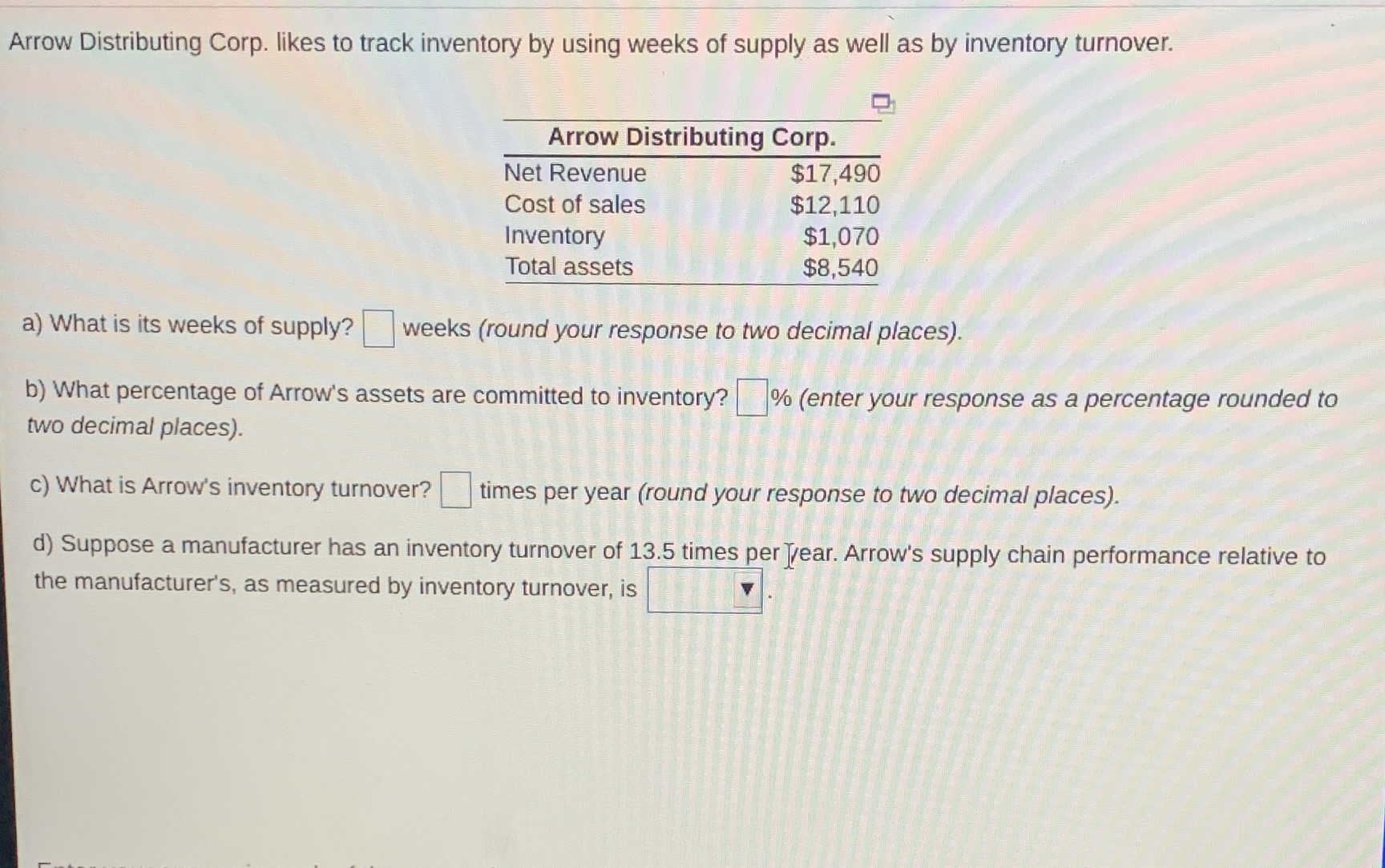 I need help with this one Arrow Distributing Corp. likes to track