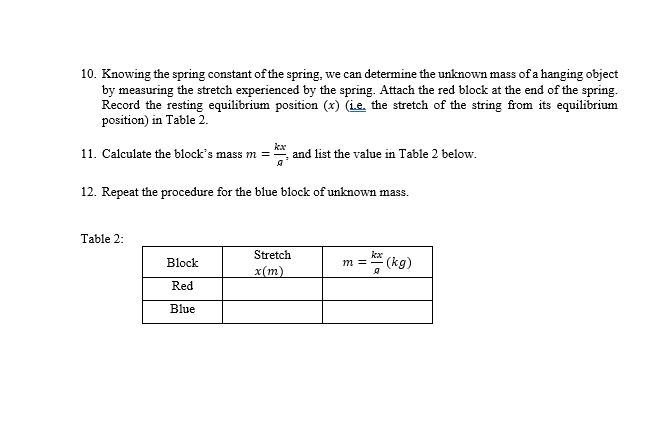 ofthe spring. Let the mass hang heel]: and 1srait for it to