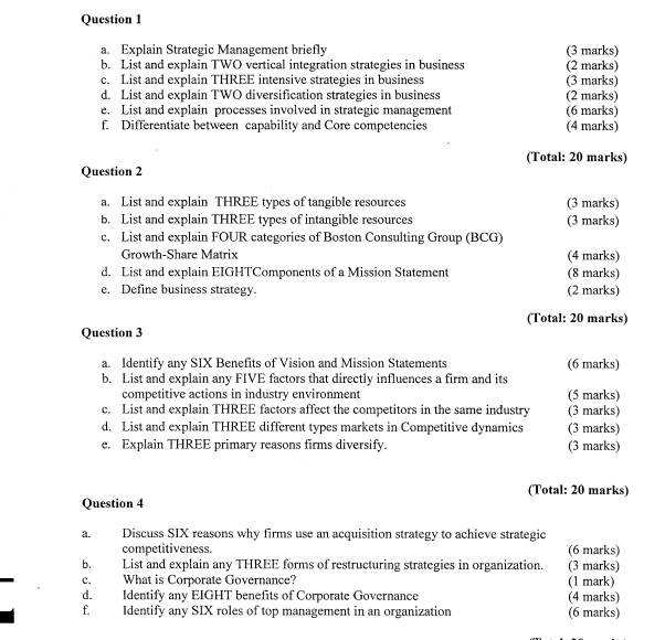Question 1 a. Explain Strategic Management briefly (3 marks) b. List
