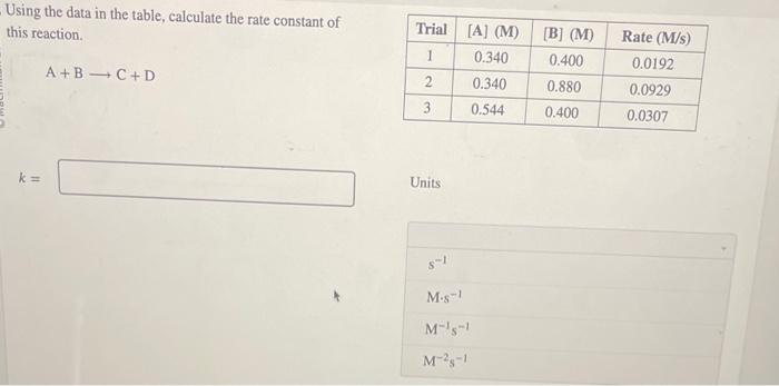 PLEASE ANSWER FAST Using the data in the table, calculate the rate