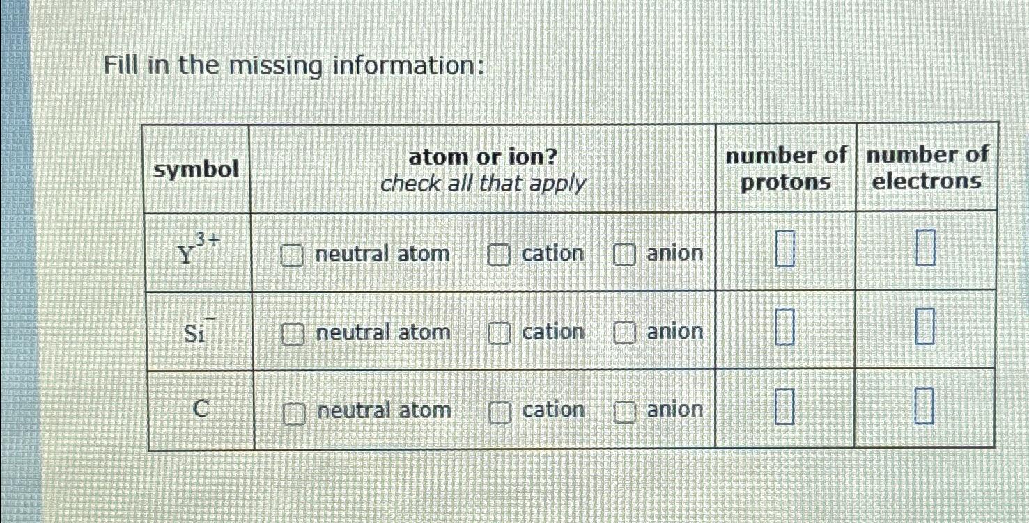  Fill in the missing information: \table[[symbol,\table[[aton],[check]],\table[[or ion?],[that apply]],,\table[[number of],[protons]],\table[[number of],[electrons]]],[Y3+,neutral atom,