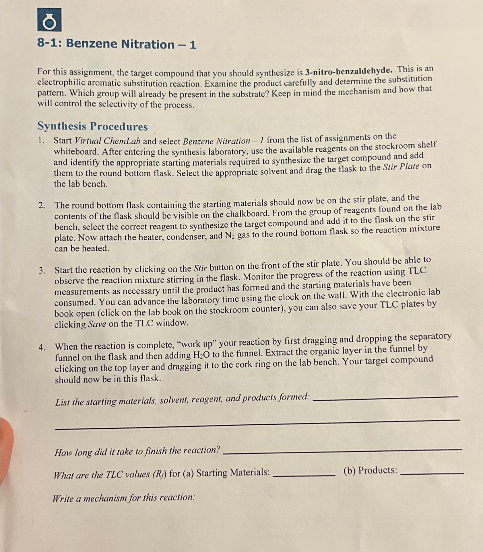  8-1: Benzene Nitration -1 For this assignment, the target compound that