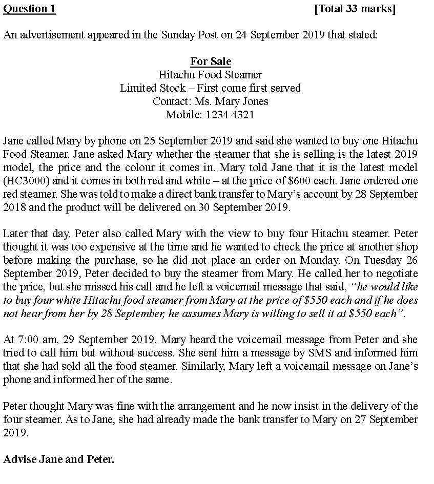  Question 1 [Total 33 marks] An advertisement appeared in the Sunday