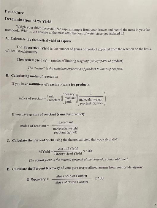 calculate the theoretical yield of aspirin using your reactant values following the