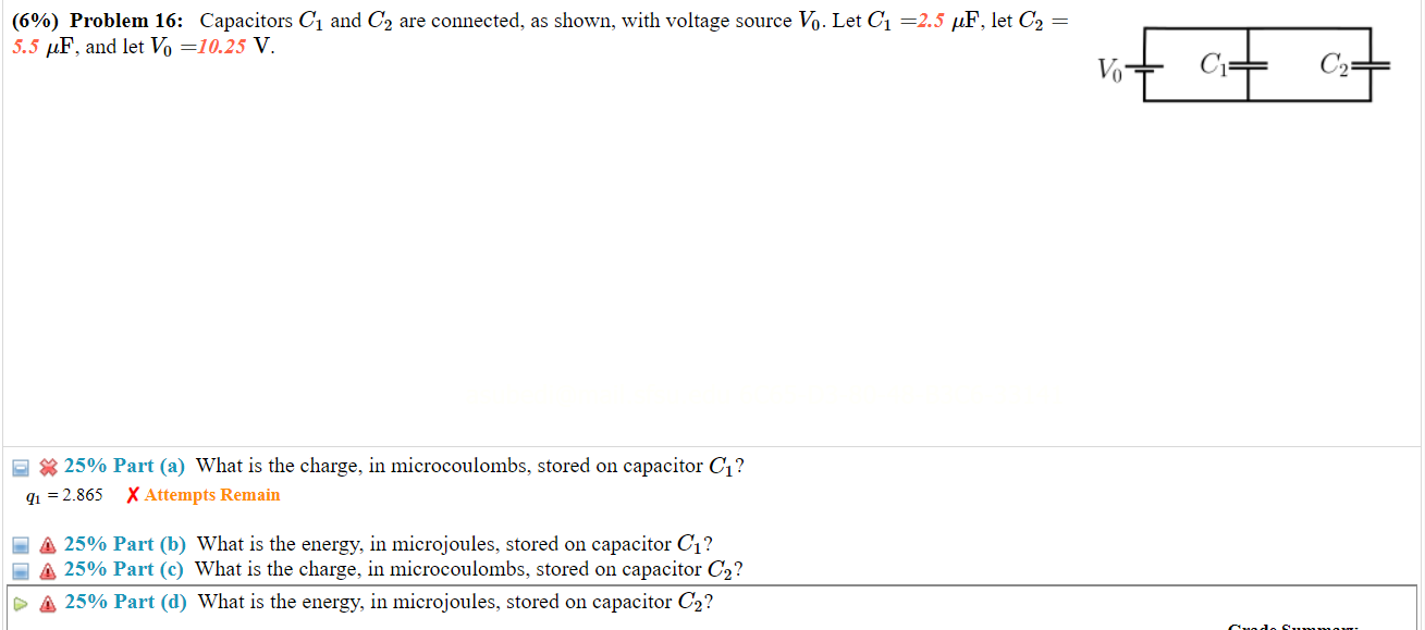  (6%) Problem 16: Capacitors Cl and 02 are connected, as shown,