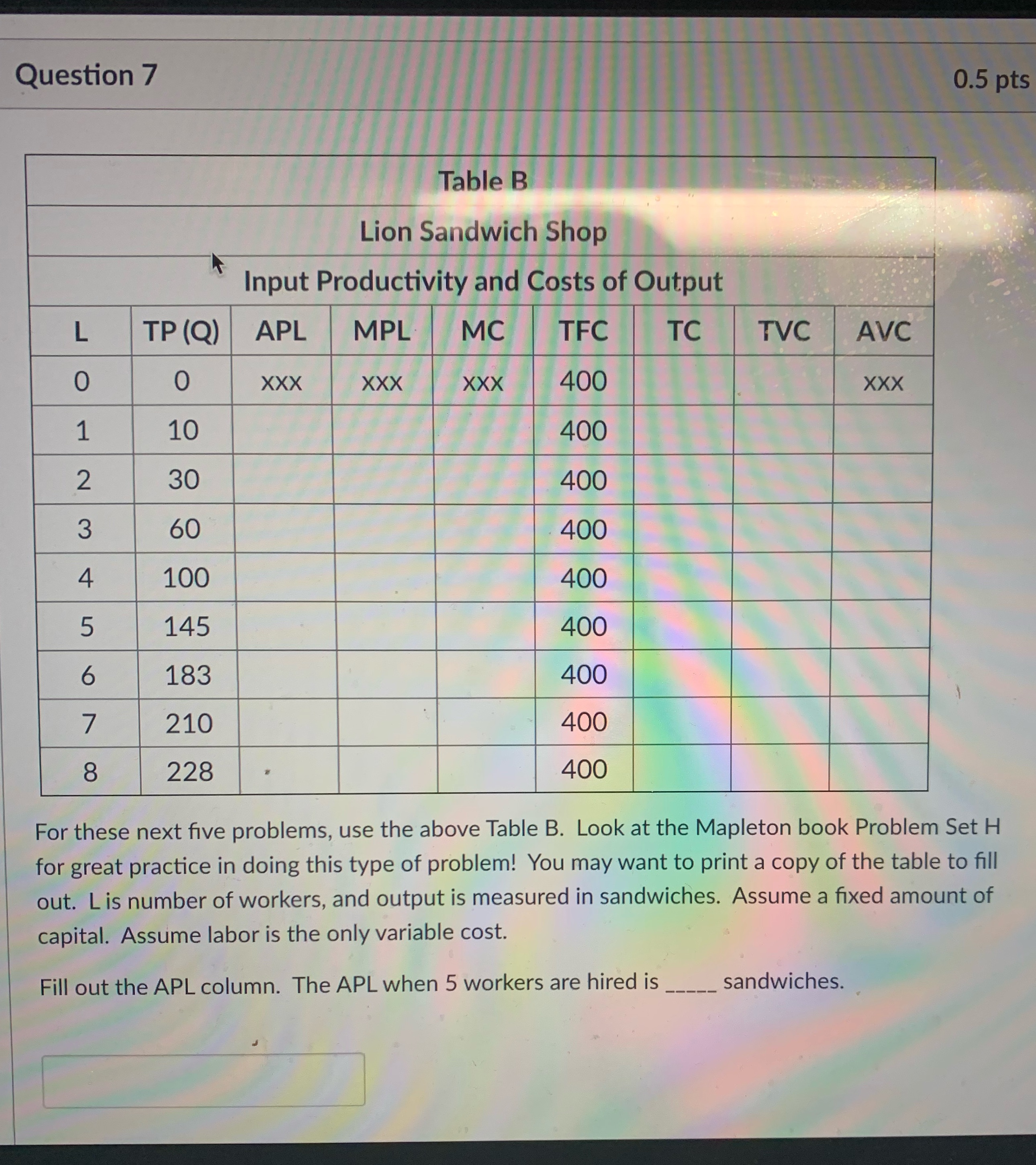  Question 7 0.5 pts Table B Lion Sandwich Shop Input Productivity