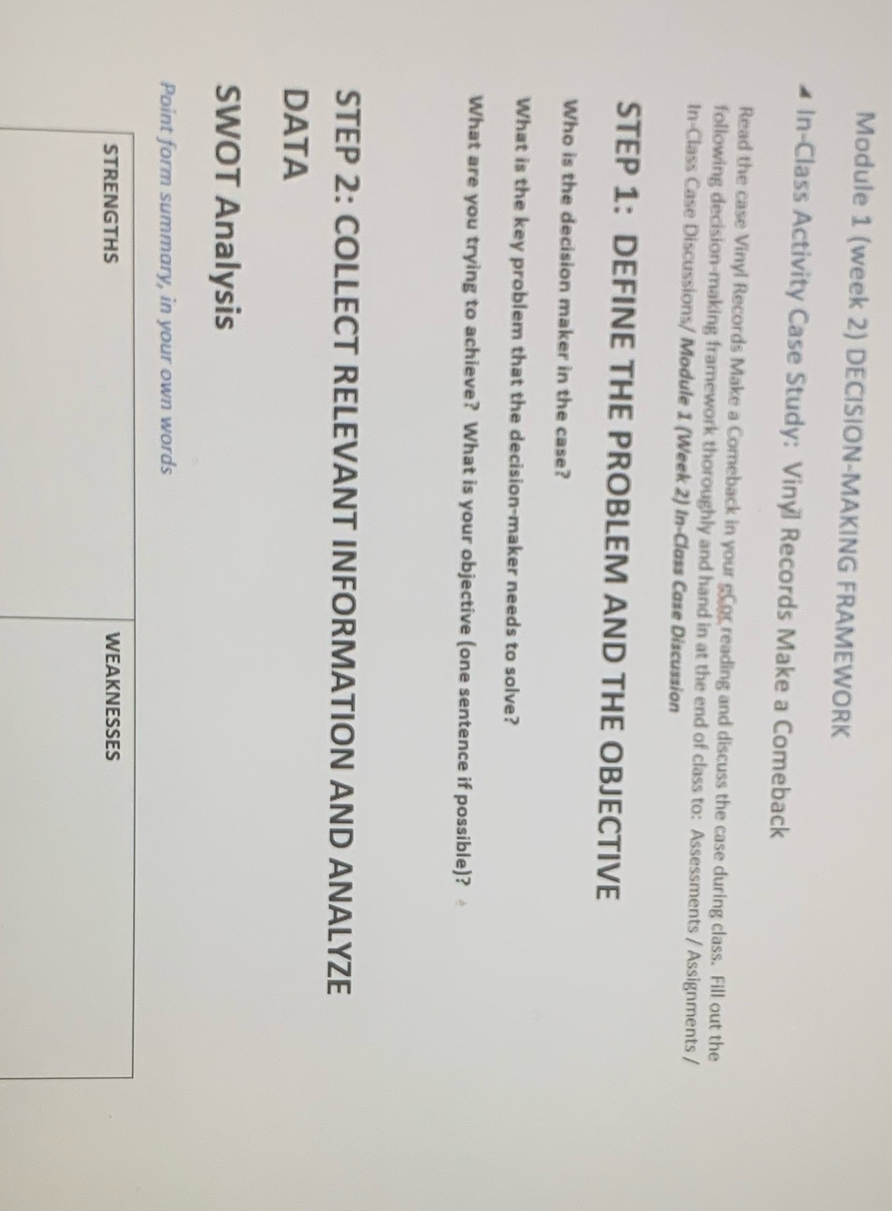 Module 1 (week 2) DECISION-MAKING FRAMEWORK In-Class Activity Case Study: Vinyl